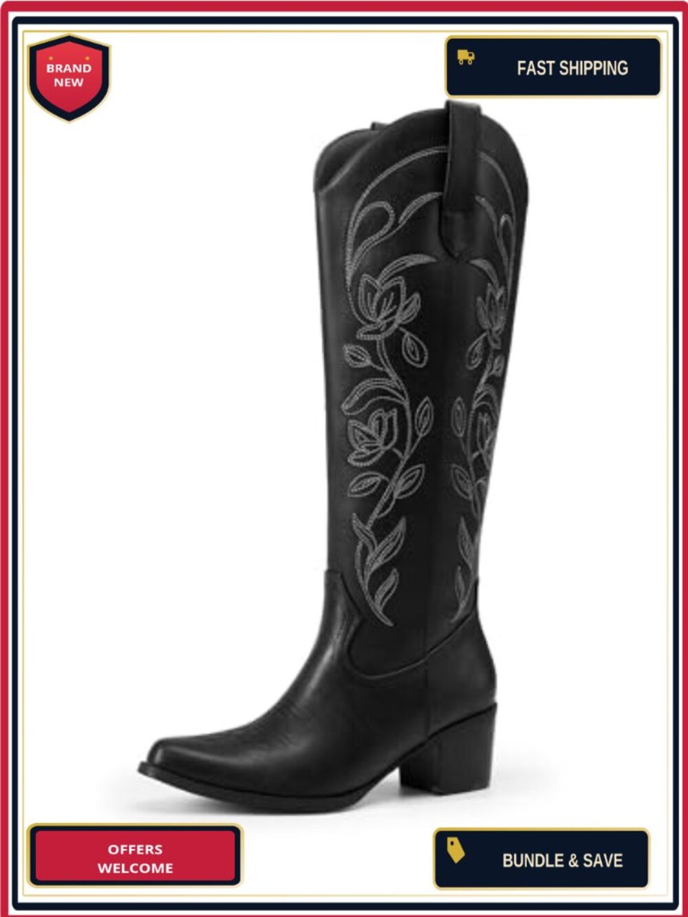 Women's Knee High Cowgirl Boots - Faux Leather, Square Toe, Retro Floral